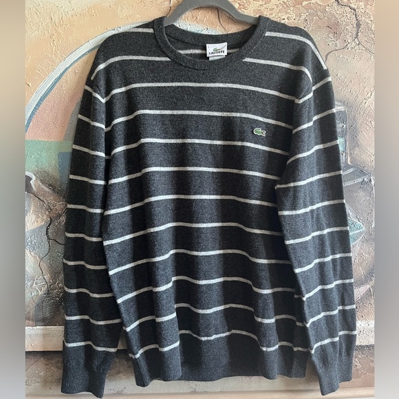 NWT Lacoste Pure Wool Striped Charcoal Crewneck Pullover Sweater - Picture 5 of 13